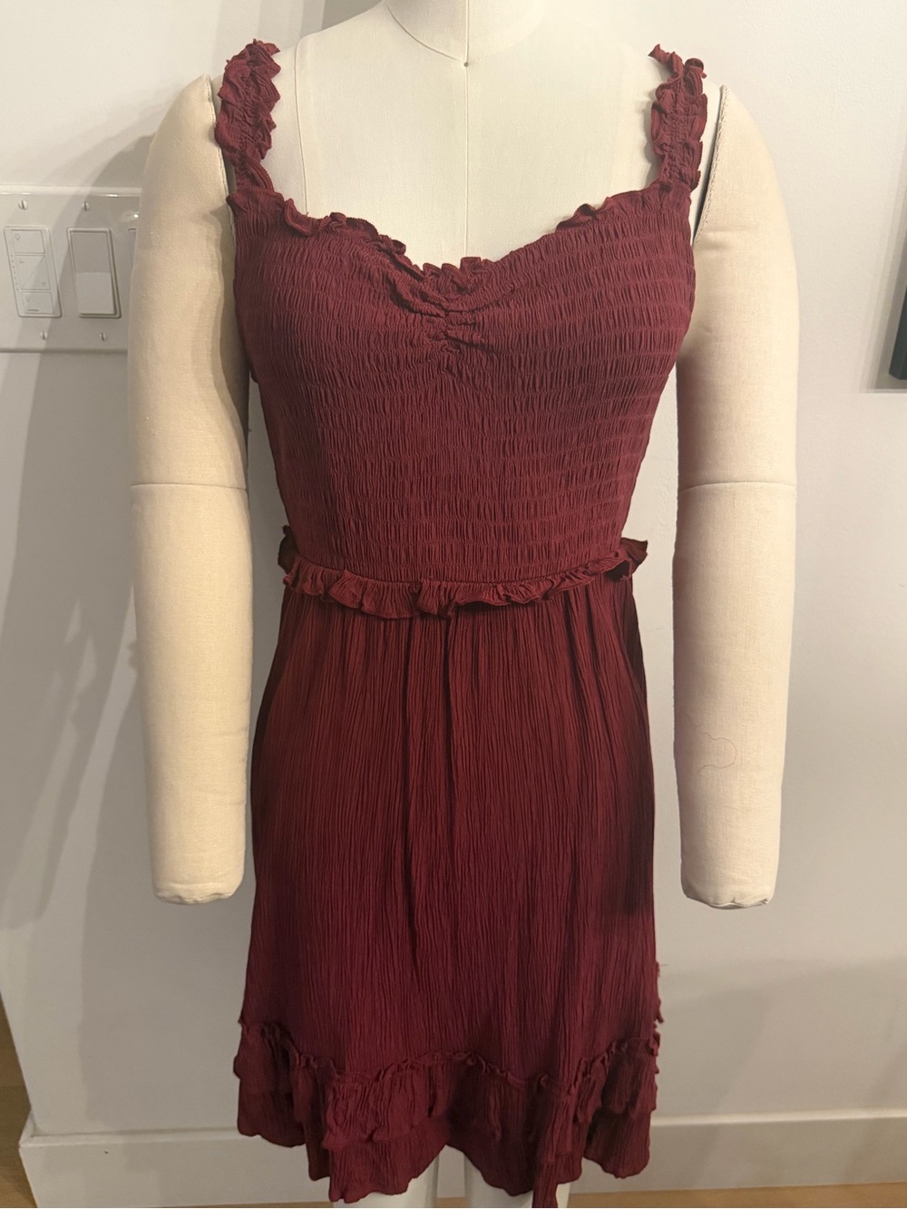 Smocked Wine Ruffle Mini Dress